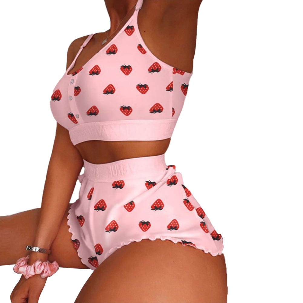 Women 2 Piece Kawaii Strawberry Print Ruffle Hem Cami Pajama Set Femme Cute Crop Top Shorts Suits Lady Sleepwear