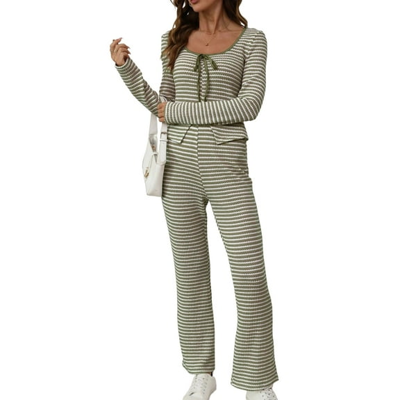 Women 2 Piece Knit Set Soft Stretchy Striped Long Sleeve Self-Tie Front Top High Waist Flare Pants Green S