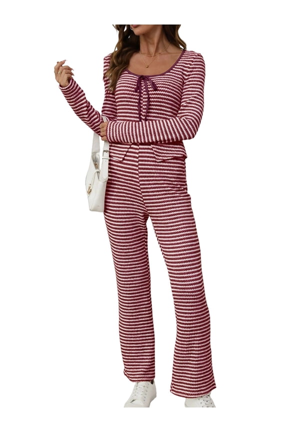 Women 2 Piece Knit Set Soft Stretchy Striped Long Sleeve Self-Tie Front Top High Waist Flare Pants Wine Red XXL
