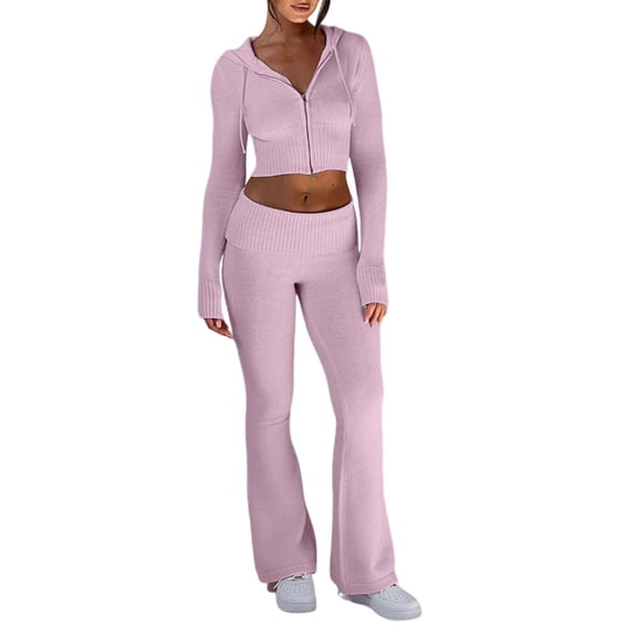 Women 2 Piece Knit Sets Cropped Zip Up Hoodie Foldover Flare Leg Pants Pink S