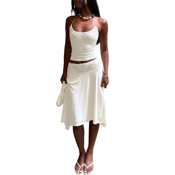 Women 2 Piece Lace Halter Neck Crop Top and Midi Skirt Set Summer Vacation Going Out Outfits White S