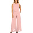 thumbnail image 1 of Women 2 Piece Lace Matching Outfit Set, Sleeveless Round Neck Lace Crop Top High Waist Wide Leg Pants with Floral Hollow Hem Casual Party Vacation Tracksuit Pink S(S), 1 of 7