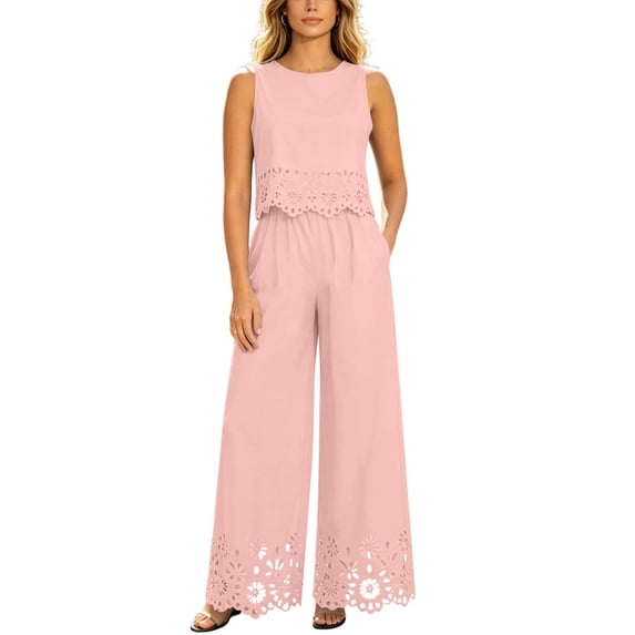 Women 2 Piece Lace Matching Outfit Set, Sleeveless Round Neck Lace Crop Top High Waist Wide Leg Pants with Floral Hollow Hem Casual Party Vacation Tracksuit Pink S(S)