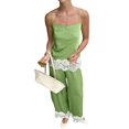 thumbnail image 1 of Women 2 Piece Lace Trim Top and Wide Leg Pants Set Casual Summer Lounge Outfit Green M, 1 of 10