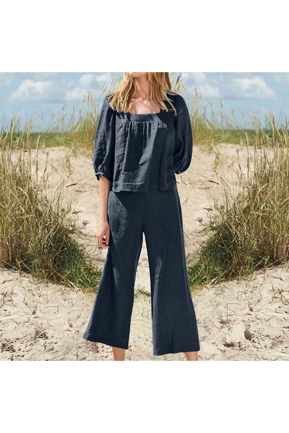 Women 2 Piece Linen Outfit Sets Short Sleeve Shirt Wide Leg Trousers Pant Two Tracksuit Pant Suits for Women Dressy Wedding Guest Long Sleeve Track Suit for Women Winter Outfits Women Womens Business