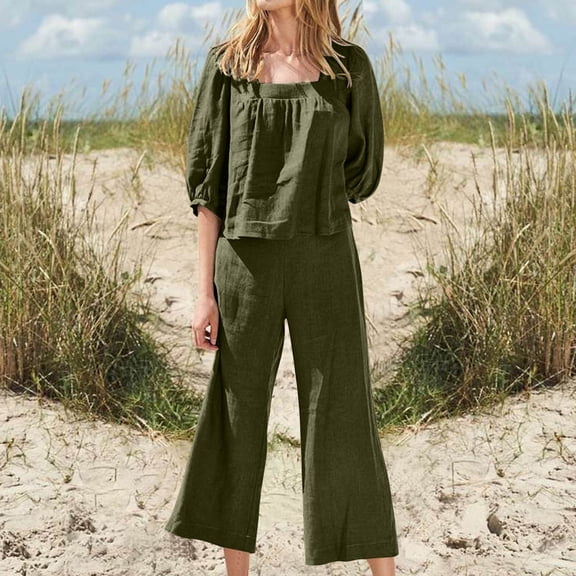 Women 2 Piece Linen Outfit Sets Short Sleeve Shirt Wide Leg Trousers Pant Two Tracksuit Winter Outfits for Women Snow Pants Womens Bib Fleabag Jumpsuit Snow Suit for Women plus Overalls for Women