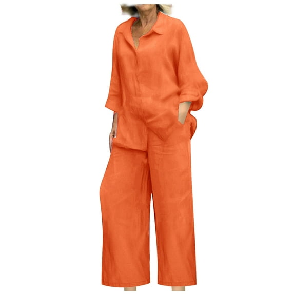 Women 2 Piece Linen Outfits Loose Casual Lounge Sets Long Sleeve Button Down Shirts and Wide Leg Pants Dressy Work Suits