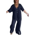 thumbnail image 1 of Women 2 Piece Linen Set Summer Casual Outfit Women Linen Long Sleeve Button Down Shirt and Wide Leg Pants Sets, 1 of 5