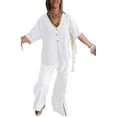 thumbnail image 1 of Women 2 Piece Linen Set Summer Casual Outfit Women Linen Long Sleeve Button Down Shirt and Wide Leg Pants Sets, 1 of 5