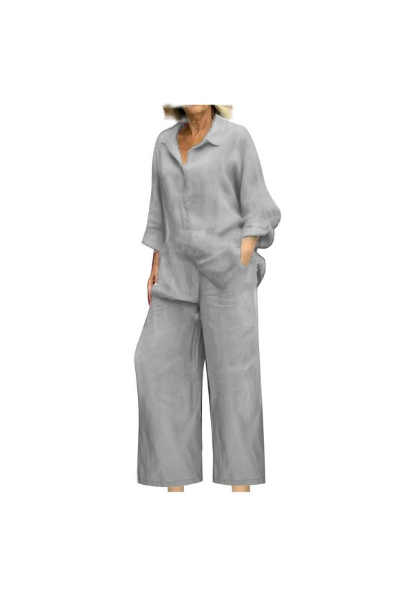 Women 2 Piece Linen Sets 2025 Button Up Long Sleeve Shirt Drawstring Wide Leg Pants Set Summer Outfits