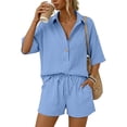 thumbnail image 1 of Women 2 Piece Linen Short Sets 2026 Summer Vacation V Neck Short Sleeve Beach Outfits Oversized Button Casual Suits Light Blue L, 1 of 7
