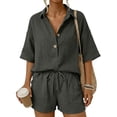thumbnail image 1 of Women 2 Piece Linen Short Sets 2026 Summer Vacation V Neck Short Sleeve Beach Outfits Oversized Button Casual Suits Dark Gray M, 1 of 7