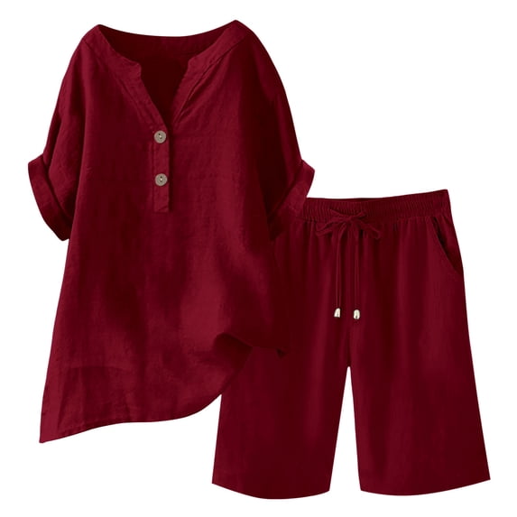 Women 2 Piece Linen Short Sets Summer Vacation V Neck Short Sleeve Beach Outfits Oversized Button T-Shirt High Waist Wide Leg Pants Set