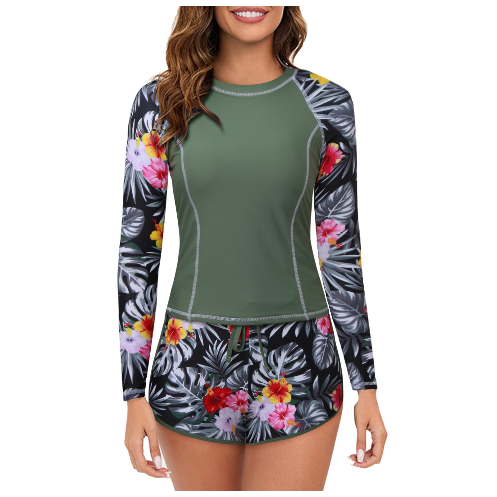 Women 2 Piece Long Sleeve Rash Guard With Built In Bra Swimsuits UPF 50 Swim Shirt With Boyshort Bottom Womens Guard Swimwear plus Size Guards for Men Long Sleeve Guard Boys Long