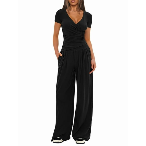 Women 2 Piece Lounge Fall Outfits Sets Neck Shirts and Wide Leg Pants Casual Matching Sets Black L