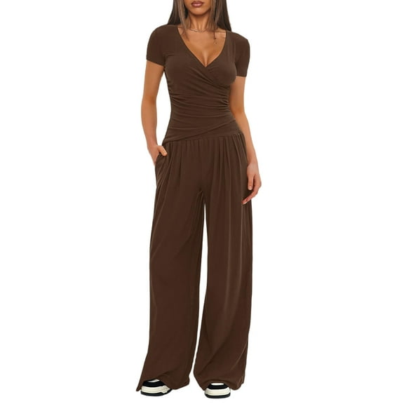 Women 2 Piece Lounge Fall Outfits Sets Neck Shirts and Wide Leg Pants Casual Matching Sets Coffee Color L