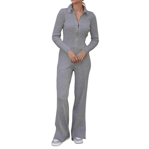 Women 2 Piece Lounge Matching Set Wide Leg Sweatpant Half Zip Long Sleeves V-Neck Sweatshirt Grey S