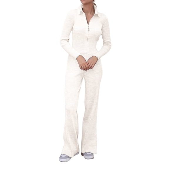 Women 2 Piece Lounge Matching Set Wide Leg Sweatpant Half Zip Long Sleeves V-Neck Sweatshirt White L