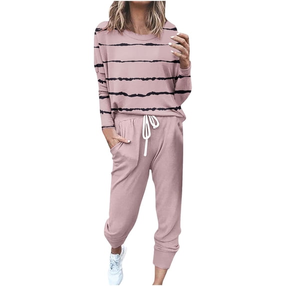 Women 2 Piece Lounge Outfit Long Sleeve Stripe Tops High Waisted Jogger Pants Set Spring Travel Clothes Tracksuit (2XL, Pink)