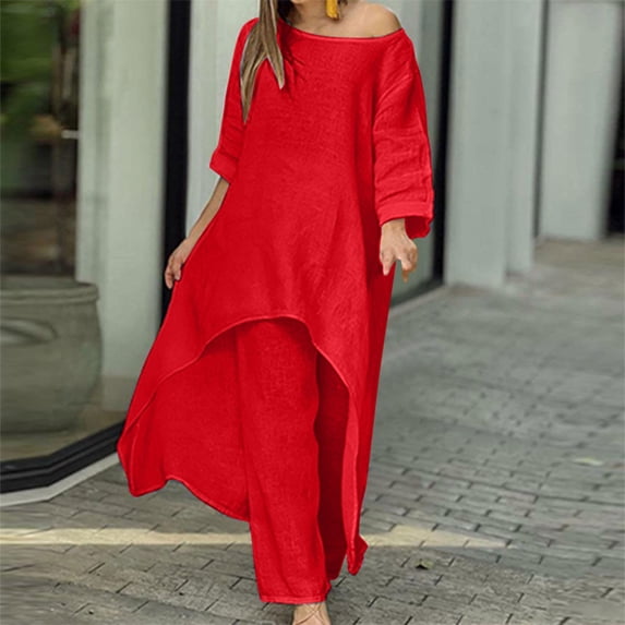 Women 2 Piece Lounge Outfits Sets Summer Loose Lounge Matching Sets Solid Outfits Round Neck Long Sleeve Tops And Long Pants Tracksuits Suit on Clearance