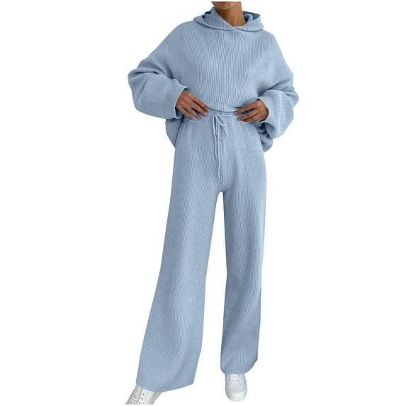 Women 2 Piece Lounge Pajamas Sets Ribbed Knit Long Sleeve Sweater Hoodies Pants Matching Set 2026 Fall Outfits (S, Light Blue)
