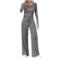 thumbnail image 1 of Women 2 Piece Lounge Set Boat Neck Button Long Sleeve Shirts Wide Leg Pants with Pockets Y2K Elastic Waist Drawstring Pants Relaxed Fit 2pcs Matching Sets Fall Outfits Pajama Matching Tracksuit, 1 of 6
