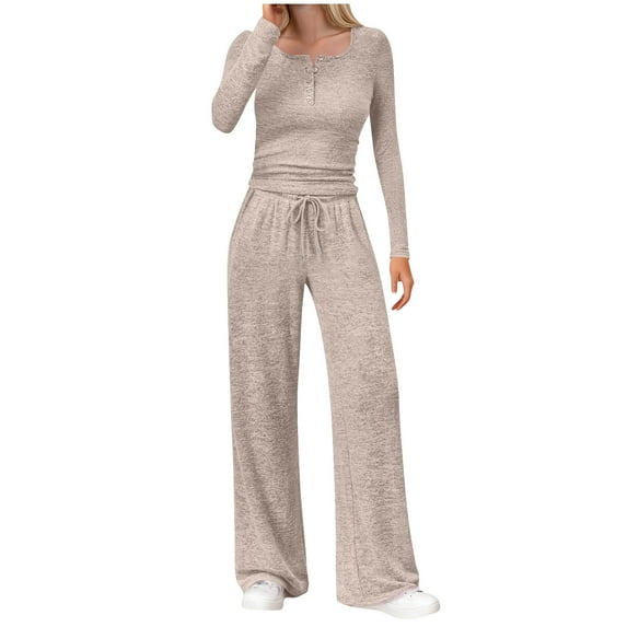 Women 2 Piece Lounge Set Boat Neck Button Long Sleeve Shirts Wide Leg Pants with Pockets Y2K Elastic Waist Drawstring Pants Relaxed Fit 2pcs Matching Sets Fall Outfits Pajama Matching Tracksuit