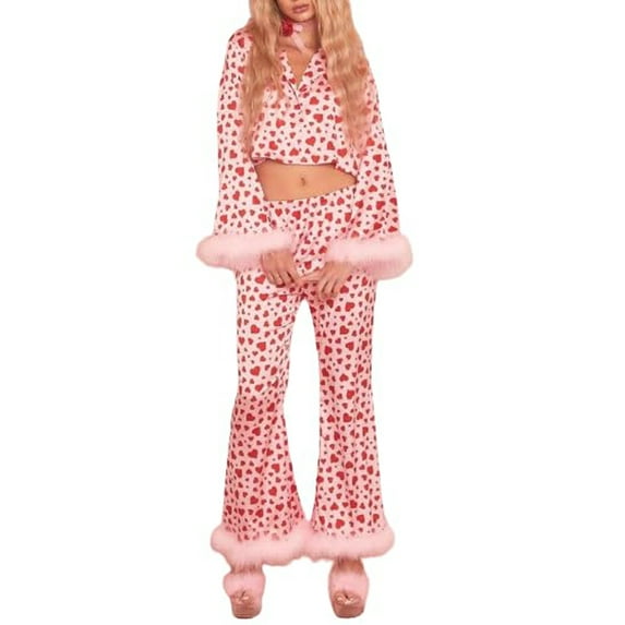 Women 2 Piece Lounge Set Heart Print Long Sleeve Shirt and Pants Feather Trim Pajamas Valentines Day Outfit