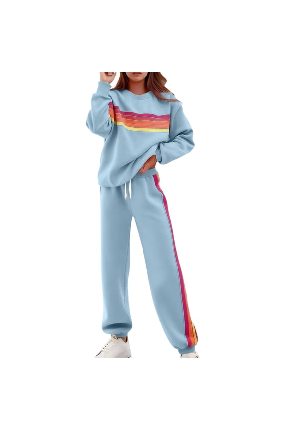 Women 2 Piece Lounge Set Rainbow Striped Sweatshirt High Waist Joggers Sweatpants Color Blocked Suit Matching Sweatsuit Blue XXL