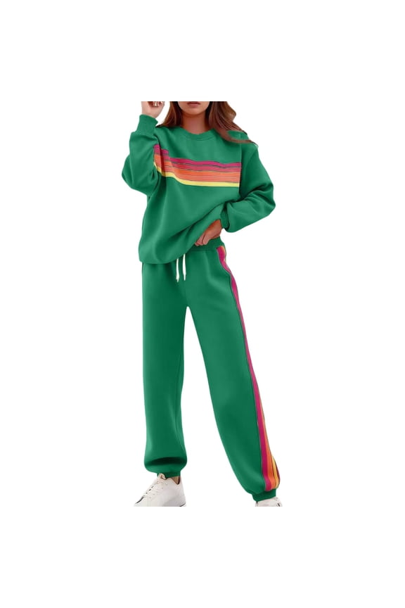 Women 2 Piece Lounge Set Rainbow Striped Sweatshirt High Waist Joggers Sweatpants Color Blocked Suit Matching Sweatsuit Green XXL