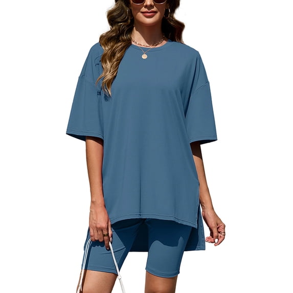 Chiclily Women's 2 Piece Outfit Sets Blue Oversized Short Sleeve T-Shirt and Biker Shorts Tracksuit Summer Lounge Sets, Size L
