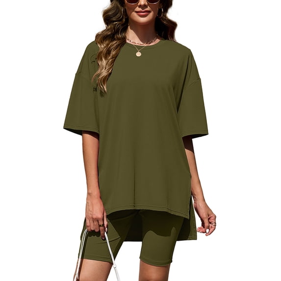 Chiclily Women's 2 Piece Outfit Sets Army Green Oversized Short Sleeve T-Shirt and Biker Shorts Tracksuit Summer Lounge Sets, Size 2XL