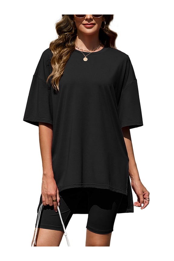 Women's 2 Piece Outfit Sets Black Oversized Short Sleeve T-Shirt and Biker Shorts Tracksuit Summer Lounge Sets, Size L