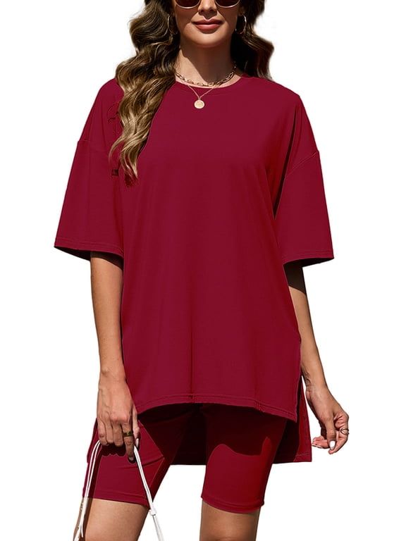 Women's 2 Piece Outfit Sets Burgundy Oversized Short Sleeve T-Shirt and Biker Shorts Tracksuit Summer Lounge Sets, Size L
