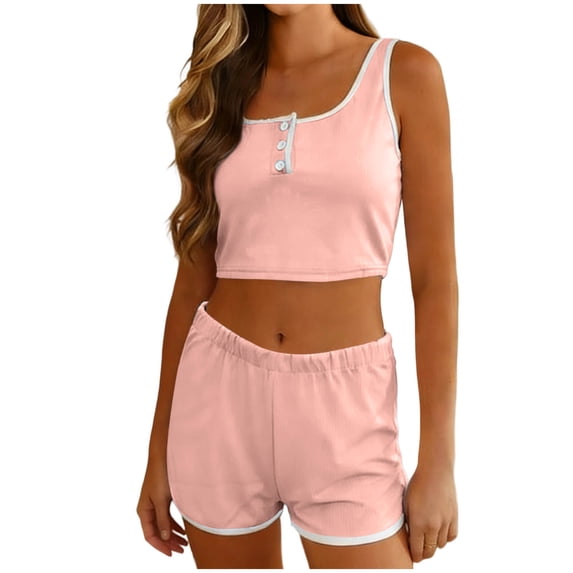 Women 2 Piece Lounge Sets Button Scoop Neck Casual Cropped Tank Top Summer Elastic Waist Shorts Lightweight Fashion Outfits Set
