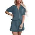 thumbnail image 1 of Women 2 Piece Lounge Sets Casual Short Sleeve Outfits Half Zip Puff Sleeve Top and Ruffled Shorts Set 2025 Fashion, 1 of 8