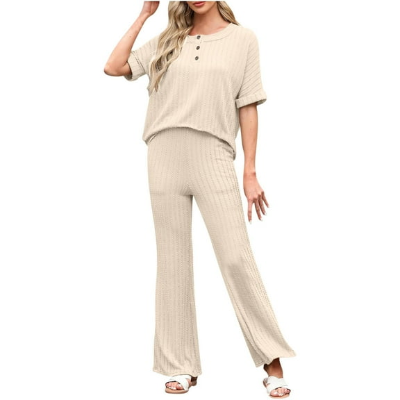 Women 2 Piece Lounge Sets Half Sleeve Button Down Shirt with Flare Pants Beach Vacation Solid Color Matching Set