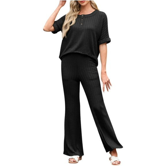 Women 2 Piece Lounge Sets Half Sleeve Button Down Shirt with Flare Pants Beach Vacation Solid Color Matching Set