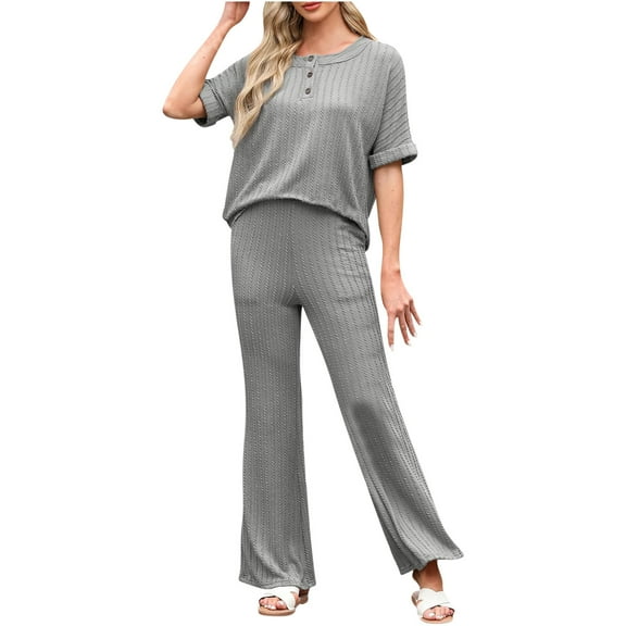 Women 2 Piece Lounge Sets Half Sleeve Button Down Shirt with Flare Pants Beach Vacation Solid Color Matching Set