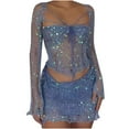 thumbnail image 1 of Women 2 Piece Lounge Shorts New Women's Crochet Sequin 2 Piece Outfits Long Sleeve Crop Tops with Mini Skirt Knitted Sweater Dress Sets Blue L, 1 of 5