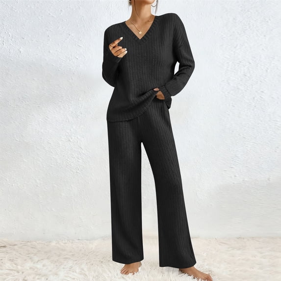 Women 2 Piece Loungewear Knit Sets Soft Casual Long Sleeve Pullover Tops Loose Pants Matching Set Fall Spring Sweater Outfits Black M
