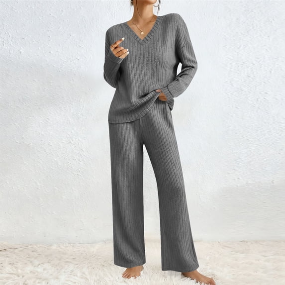 Women 2 Piece Loungewear Knit Sets Soft Casual Long Sleeve Pullover Tops Loose Pants Matching Set Fall Spring Sweater Outfits Dark Gray XL