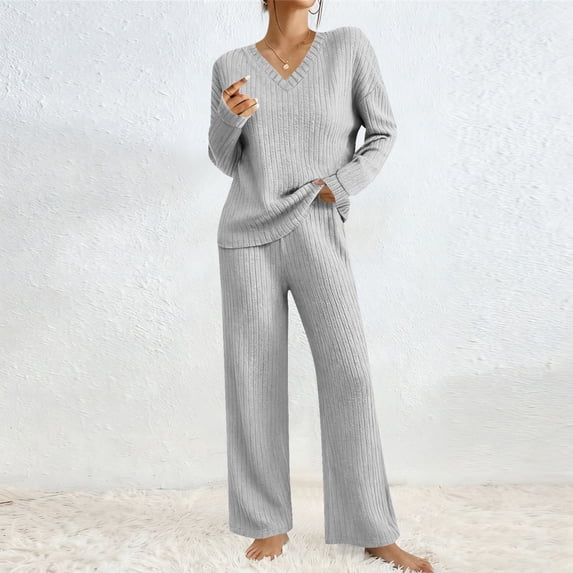 Women 2 Piece Loungewear Knit Sets Soft Casual Long Sleeve Pullover Tops Loose Pants Matching Set Fall Spring Sweater Outfits Gray S