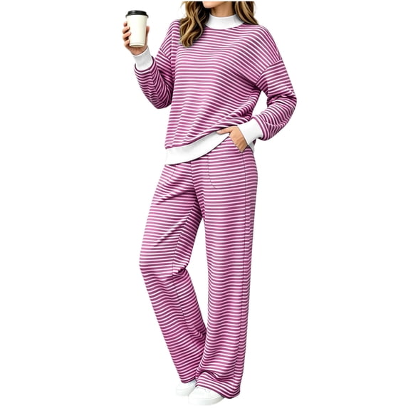 Women 2 Piece Loungewear Sweatsuit Set, Striped Mock Neck Long Sleeve Sweatshirt Tops, Loose Wide Leg Sweatpants Tracksuit with Pockets, Daily Relaxed Wear 3XL