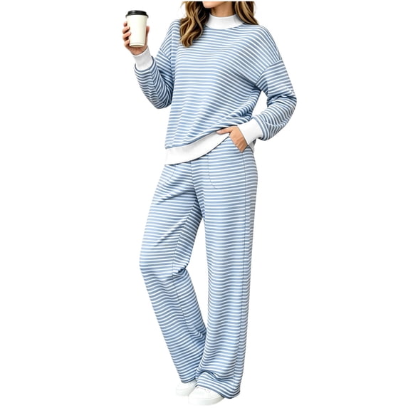 Women 2 Piece Loungewear Sweatsuit Set, Striped Mock Neck Long Sleeve Sweatshirt Tops, Loose Wide Leg Sweatpants Tracksuit with Pockets, Daily Relaxed Wear Blue M