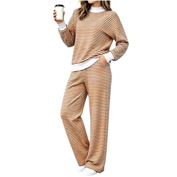 Women 2 Piece Loungewear Sweatsuit Set, Striped Mock Neck Long Sleeve Sweatshirt Tops, Loose Wide Leg Sweatpants Tracksuit with Pockets, Daily Relaxed Wear Orange 4XL