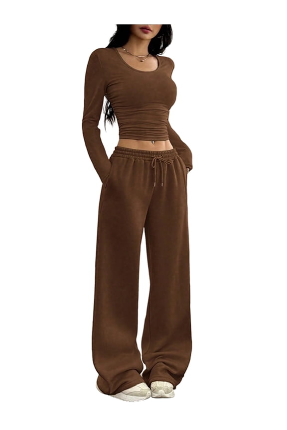 Women 2 Piece Matching Lounge Sets Clothing Comfiest Wide Leg Pants Y2K Sweatsuits Fall Outfit Brown S