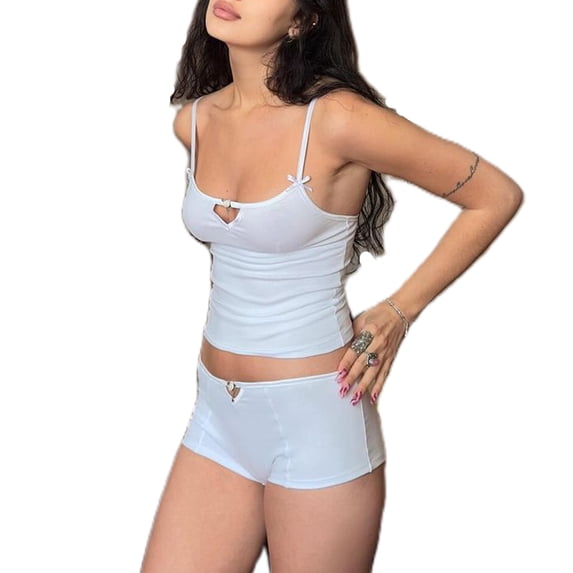 Women 2 Piece Matching Outfit Shorts Sets Lounge Set Y2K Crop Cami Tops and Shorts Summer Sleepwear Streetwear