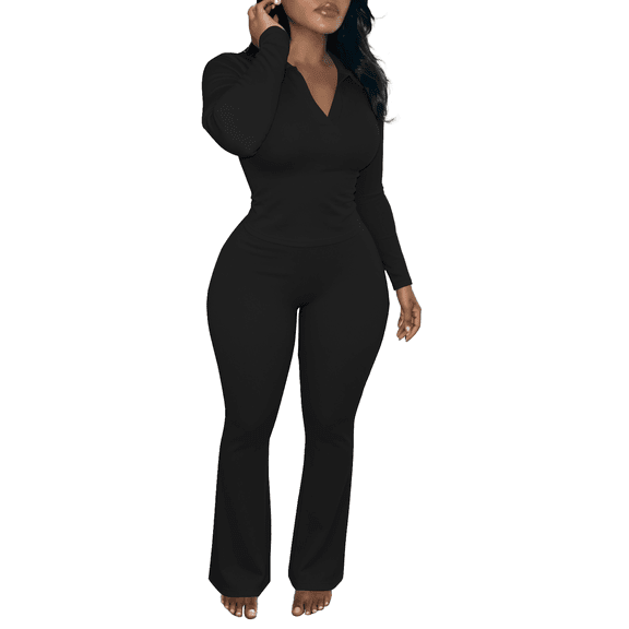 Women 2 Piece Matching Outfits Slim Fit V Neck Polo Long Sleeve Top Flare Pants Lightweight Breathable Elastic Stretch Tracksuit Bodycon Loungewear Casual Office Set Black S