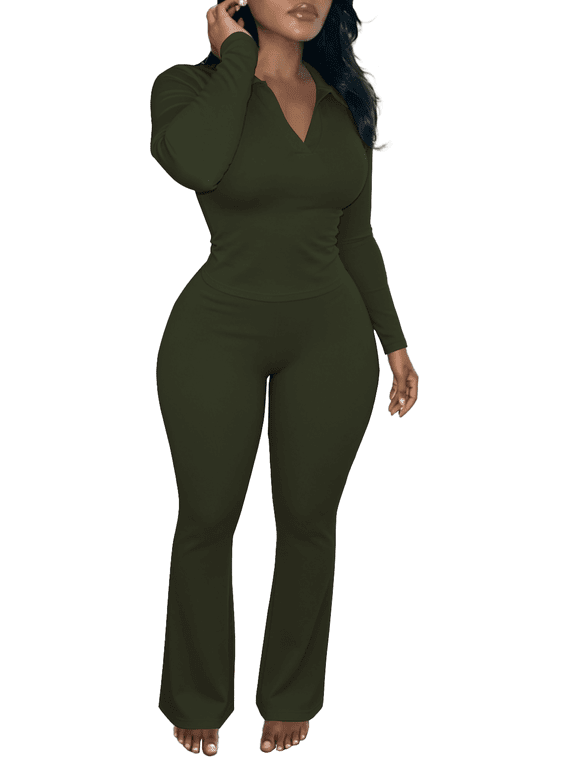 Women 2 Piece Matching Outfits Slim Fit V Neck Polo Long Sleeve Top Flare Pants Lightweight Breathable Elastic Stretch Tracksuit Bodycon Loungewear Casual Office Set Green M